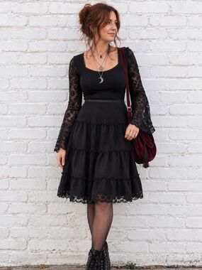 Whimsigoth Black Ruffled Tiered Midi Skirt Lace Hem Romantic Boho S/M